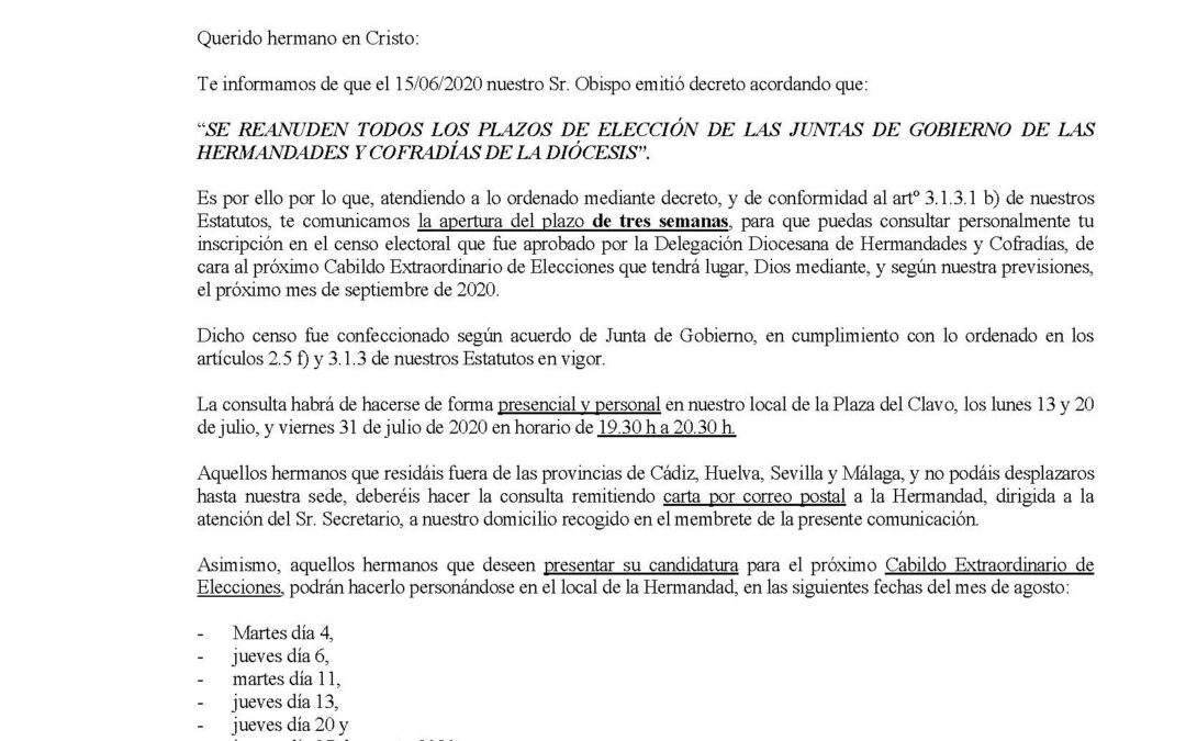 Reapertura nuevos plazos de eleccion Junta de Gobierno