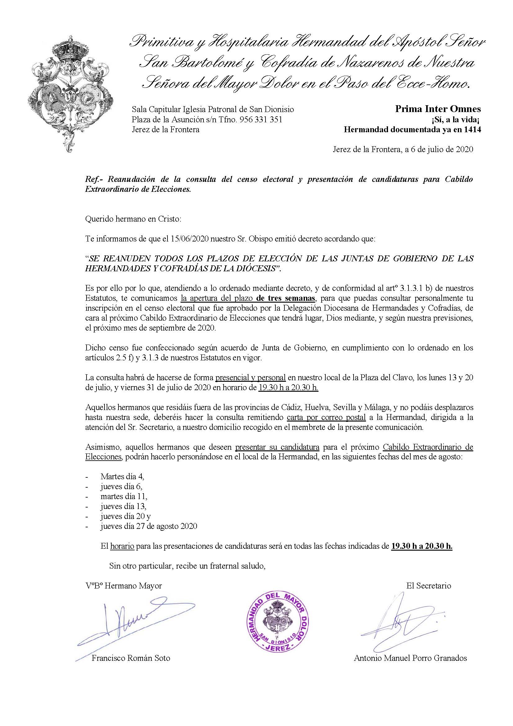 Reapertura nuevos plazos de eleccion Junta de Gobierno